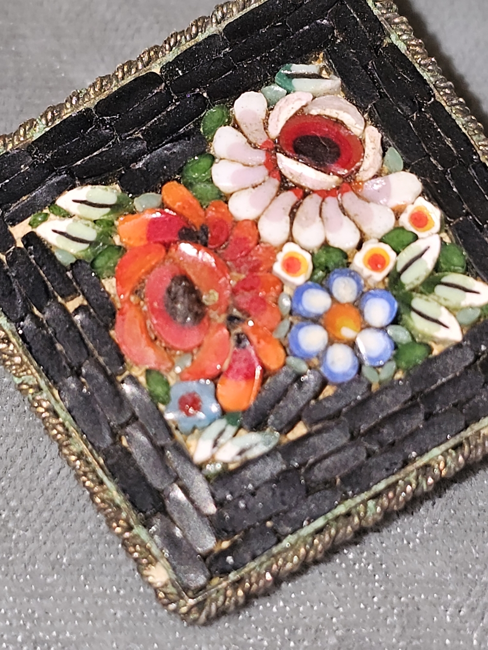 Vintage Floral Micro-Mosaic Square Pendant - Black Background